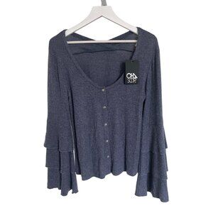 Chaser Navy Blue Bell Sleeve Blouse Ribbed Button Front